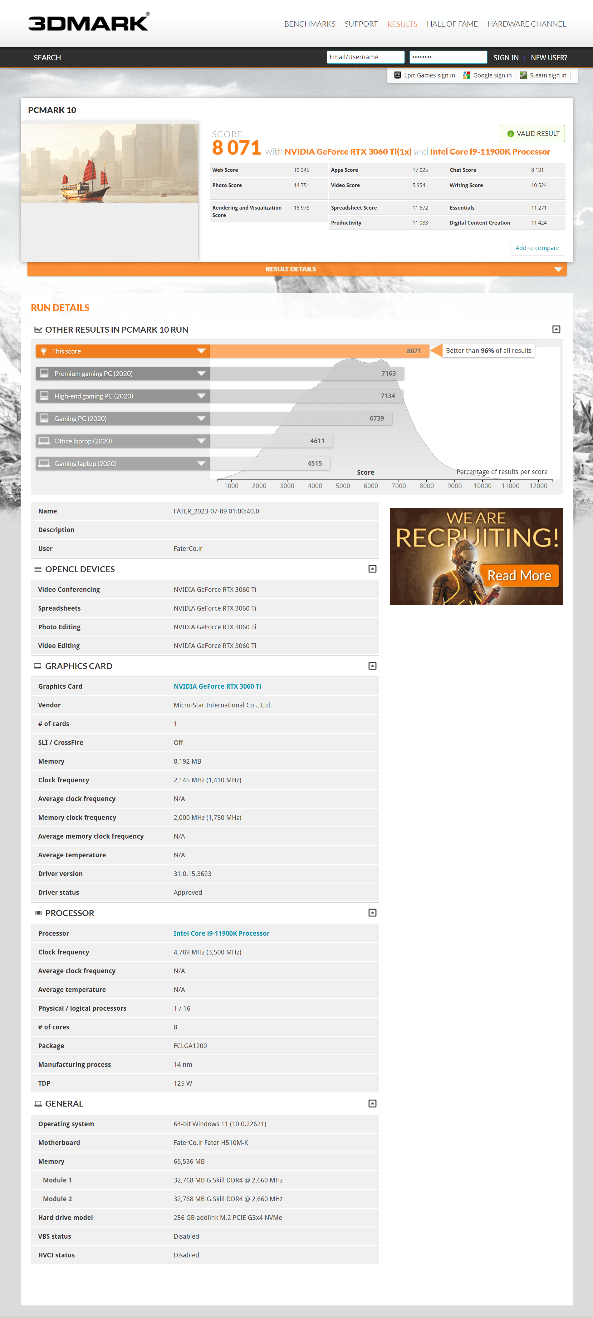 Benchmark PCMark 10 11900K 3060Ti H510M K